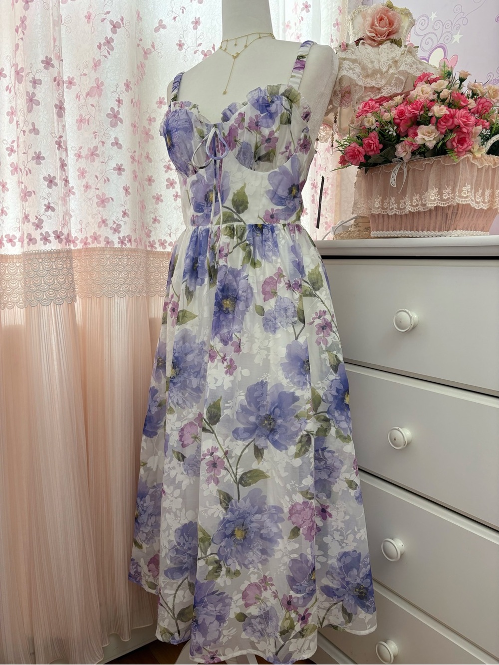 Lulus Hillela Ivory Floral Ruffled Lace-Up Midi Skater Dress - Picture 5 of 9
